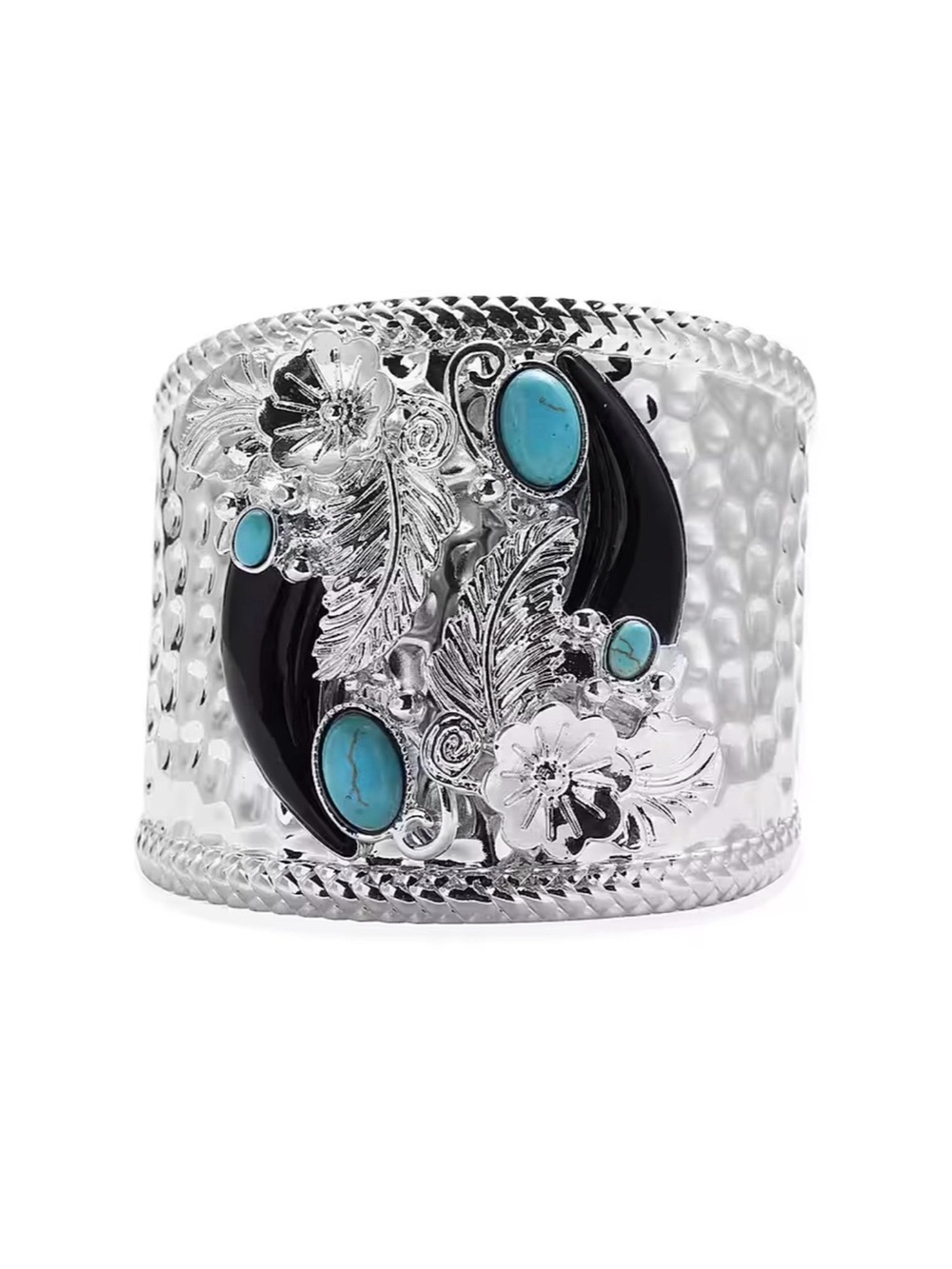 Blue Howlite Flower and Leaf Hammered Cuff Bangle